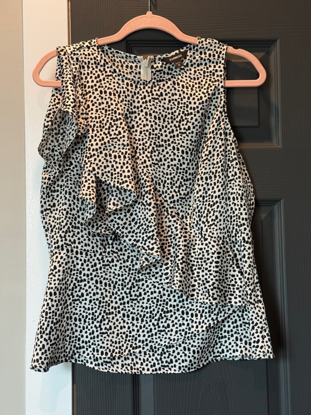 Express Black and White Ruffle Spot Sleeveless Blouse